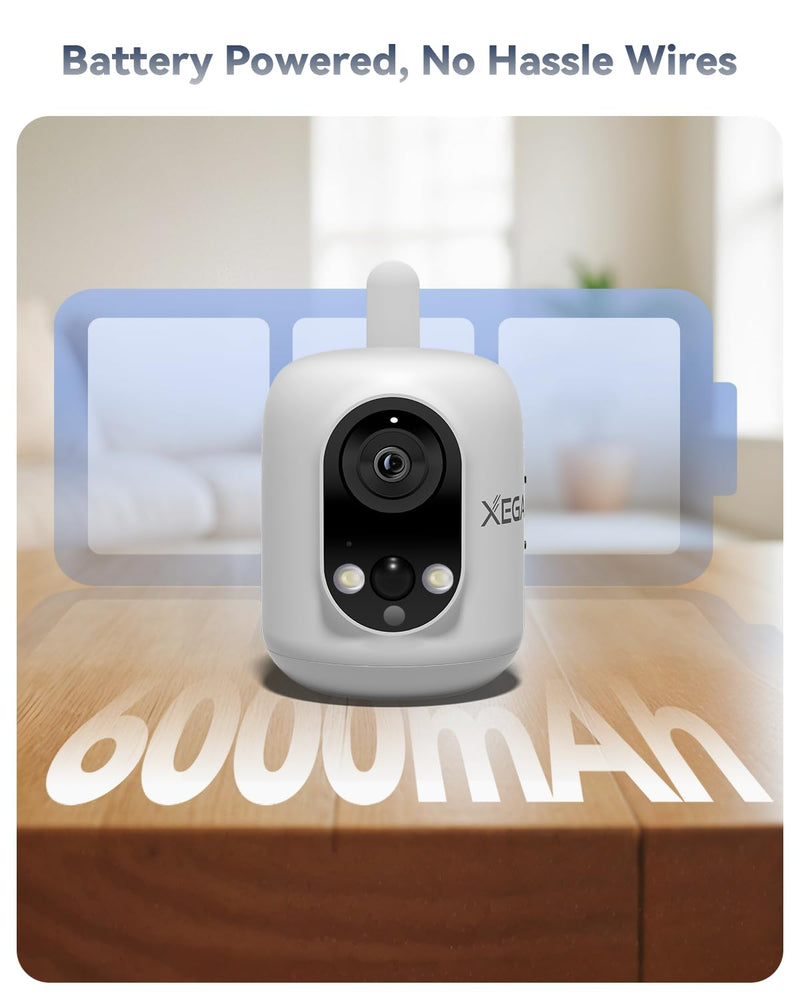 Xega 4G LTE Cellular Security Camera Indoor Wireless, 2K No WiFi Camera for Baby/Pet/Elderly with Phone App, 355°P/60°T, 6000mAh Battery, PIR Detection, Cloud/TF, Not Waterproof, Built-in SIM Card
