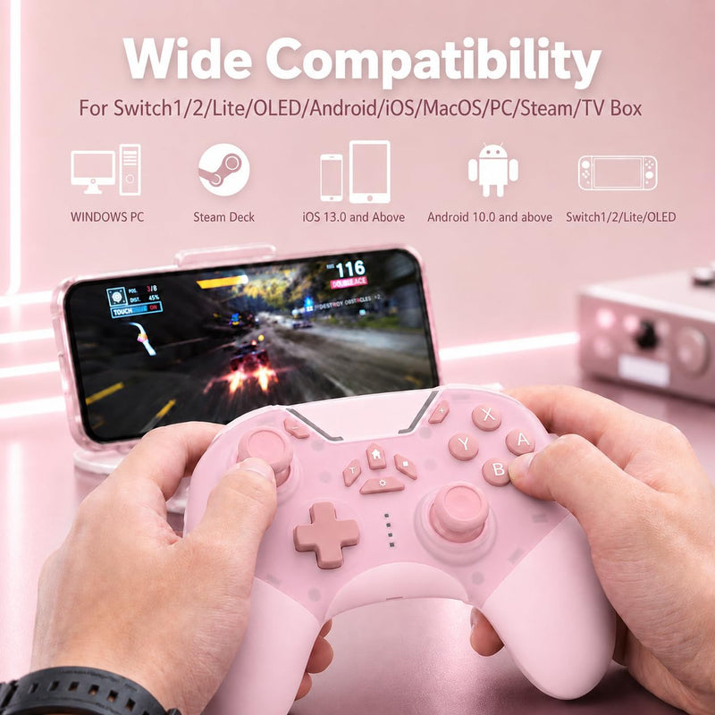 aghi Hall Effect Wireless Gaming Controller with Phone Clip | for iPhone/Android/PC/Steam/TV/Switch/Switch 2 with Hall Joysticks, Lock Speed, Macro, 6-Axis Gyro, Vibration, Turbo, Pink Light Pink