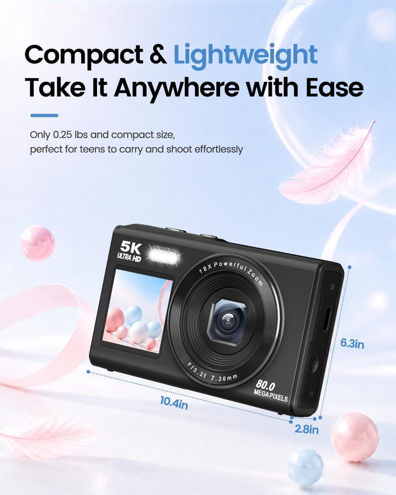 5K Digital Camera for Teens and Beginners, Dual Screen Compact Vlogging Camera with 18X Digital Zoom, Point and Shoot for Travel, 32GB Card and 2 Batteries Black