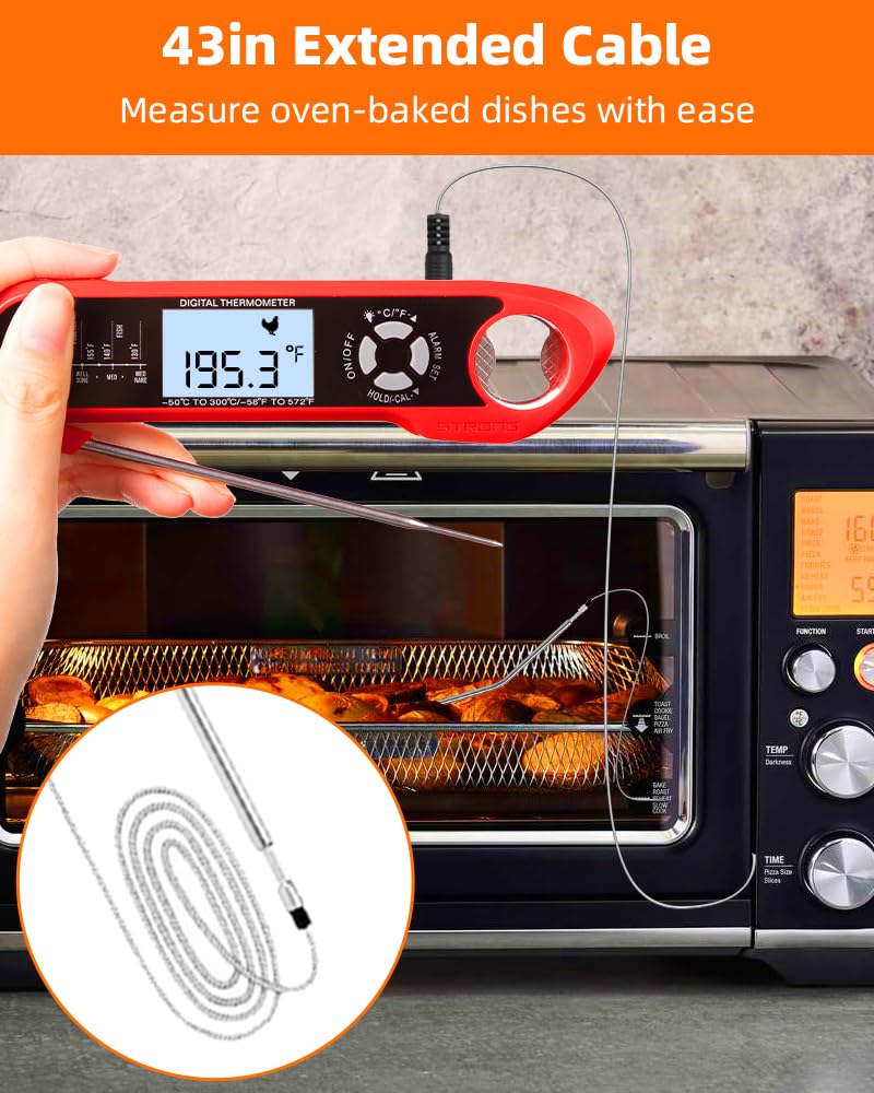 Brigii Meat Thermometer, Instant Read Digital Thermometer-Waterproof/Backlight, 43in Extended Probe and Folding Probe, Oven-Safe Design, Kitchen Food Thermometer for Deep Fry, Grilling, BBQ