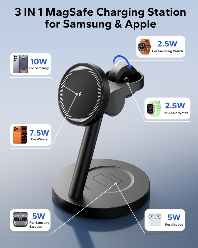 for Samsung 3 in 1 Charging Station, Magnetic Wireless Charger Stand for MagSafe for Samsung Galaxy S26 Ultra/S25/Z Fold7/Flip7, Phone Watch Charger Dock for Galaxy Watch Ultra/8/7 and Buds Black