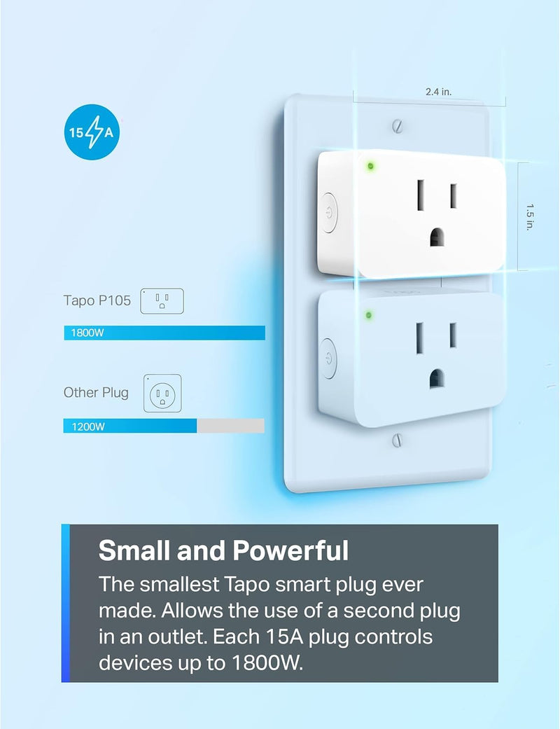 TP-Link Tapo Smart Plug Mini 15A, Smart Home Wi-Fi Plug, Super Easy Setup, Compatible with Alexa & Google Home, No Hub Required, UL Certified, 2.4G WiFi Only, White, Tapo P105(4-Pack) Smart Alexa Plug 4-Pack