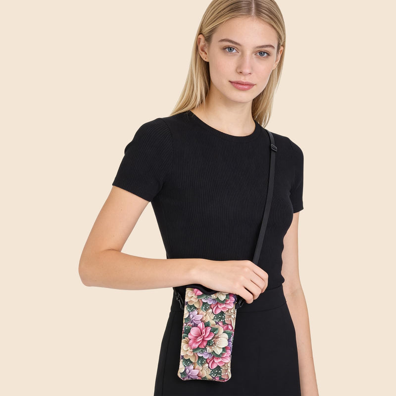 NICENEEDED Neoprene Phone Sleeve Pouch, Floral Cell Phone Case Bag with Crossbody Strap Neck Lanyard, 4 x 7.9 Inch Colorful Flower Cell Phone Bag for Women