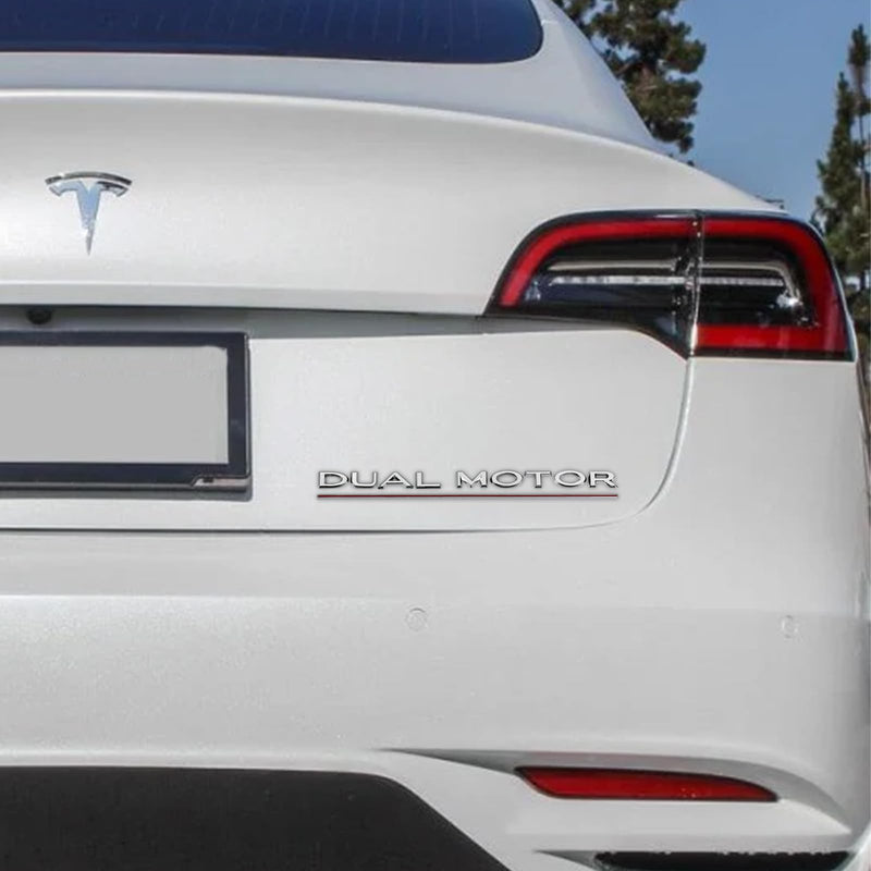 Dual Motor Emblem Sticker for Tesla Model 3 Model Y, ABS Underline Badge Letters Sticker for Car Rear Trunk Compatible with Tesla Model 3/Y/S/X Decals Decorative Accessories (Silver) SilverRed