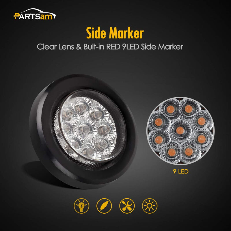 Partsam Pair 2" Clear/Red Flush Mount Mini-Reflex Side Marker LED Light Truck RV Trailer 9LED w Grommet, Faceted Round Trailer Clearance Lights w Reflectors 2*Red with grommets