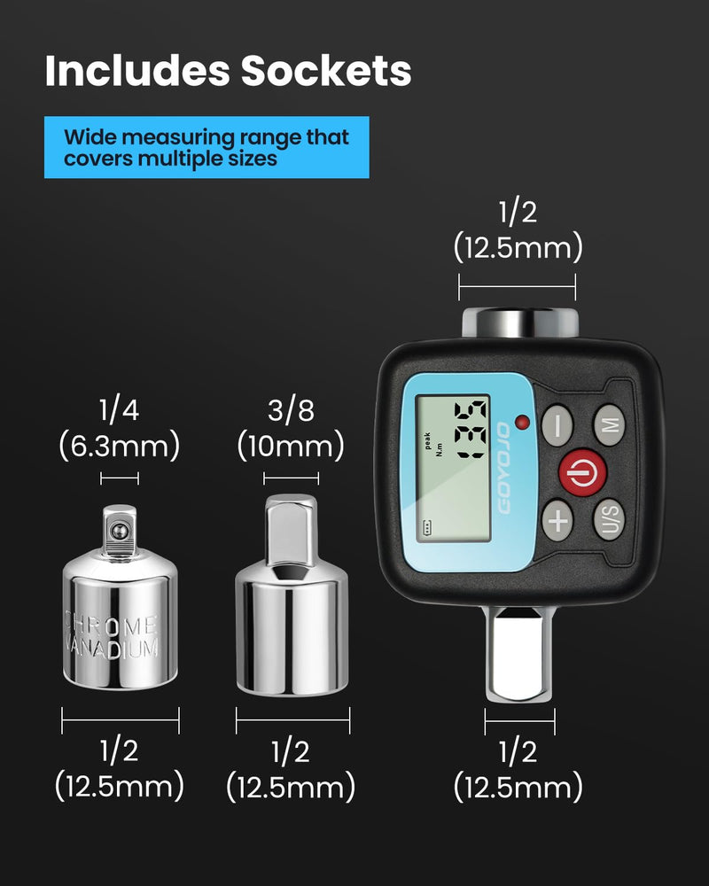GOYOJO Digital Torque Wrench Adapter, 4-135Nm (2.95-99.6 ft-lb) Electronic Torque Converter with Digital Display, 1/2", 1/4", 3/8" Adapters for Motorcycles, Engine Maintenance, and Versatile DIY Use (135n.m)