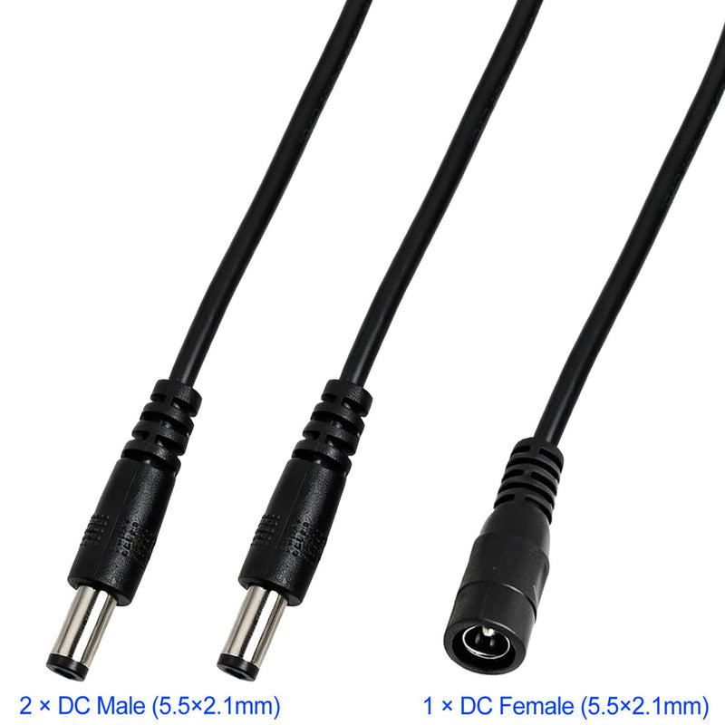 3PCS DC Power Splitter Cable 1 Female to 2 Male 5.5mmx2.1mm DC Barrel Plug Y Splitter Adapter Cord for 12V CCTV Security Camera 30CM 20AWG Thick Wire Black