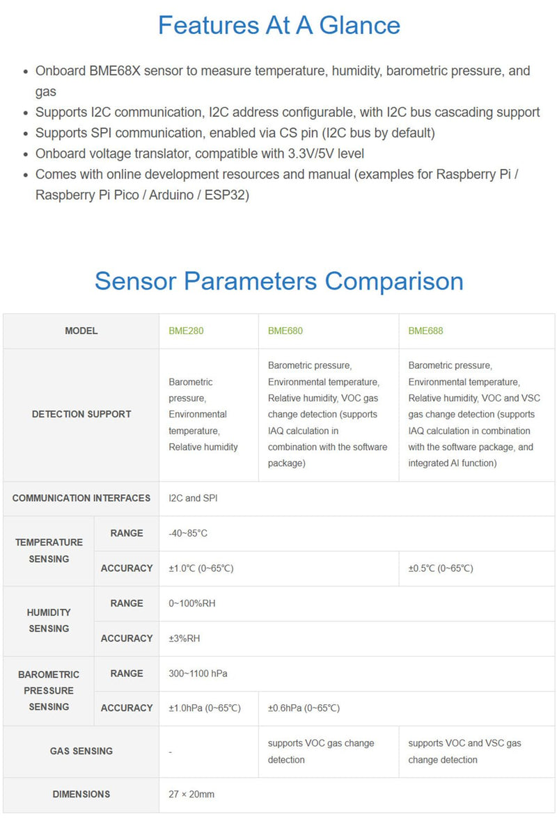 BME688 Environmental Sensor for Raspberry Pi/Raspberry Pi Pico/Arduino/ESP32, Supports Temperature/Humidity/Barometric Pressure/VOC Gas Detection/AI Function, I2C and SPI with AI Function