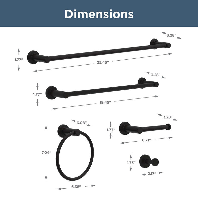 Franklin Brass Wake 5-Piece Bathroom Set Matte Black 18" and 24" Towel Bar Racks, Toilet Paper Holder, Ring, Hook | 5-pc Accessories | Fixtures WAK65-MB
