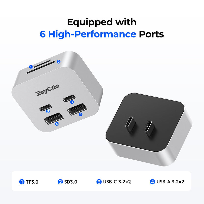 RayCue MiniPack Expansion Dock for Mac mini M4 | 6-Port USB-C Hub with Dual 10Gbps Adapters, 2 * 10G USB-C/ 2 * 10G USB-A/SD TF 3.0 Card Reader | High-Speed Data Transfer & Multi-Device Connectivity