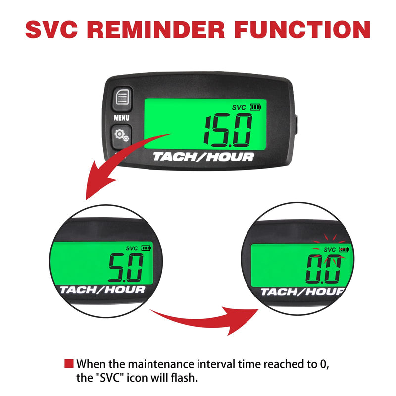 Digital Tachometer, Digital Hour Meter, Used for Lawn mowers, Motorcycles, Tractors, generators, Outboard ATVs, Snow blowers, etc., Maintenance Reminders,Replaceable Battery