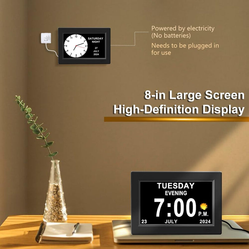 CAZOKASI 8inch Extra Large Impaired Vision Digital Alarm Clock with Day and Time for Elderly Calendar Clock Auto Dimmable Clock 8inch Black