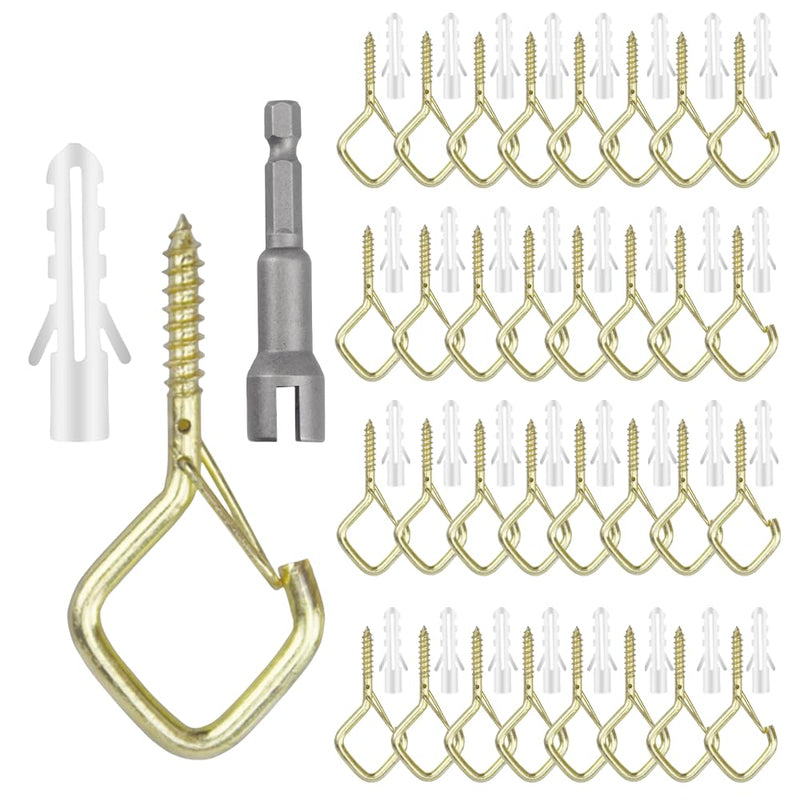 52-Pack Heavy-Duty Golden Screw Eye Hooks with Safety Clips | Metal Ceiling Hooks for Hanging Plants, Wind Chimes, Bird Feeders & Indoor/Outdoor Lights Gold 52Pcs