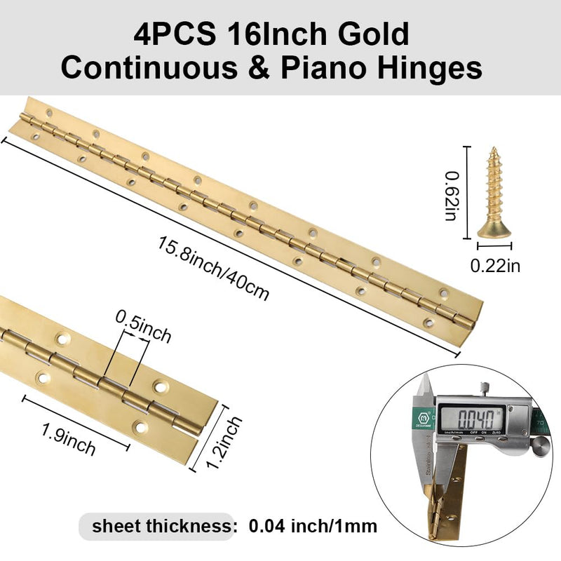 16 Inch Gold Stainless Steel Piano Hinges, 4 Pcs Continuous & Piano Hinge with Holes, Heavy Duty Piano Hinge 0.04" Leaf Thickness, 1.2'' Open Width for Furniture Cabinet Door Wooden Box Woodworking 16 Inch