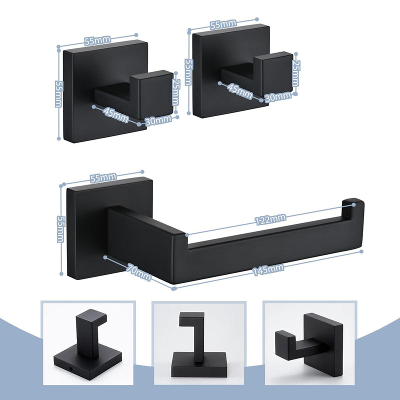 3PCS Bathroom Hardware Set, Matte Black Toilet Paper Holder, 2 Square Towel Robe Hooks, SUS 304 Stainless Steel, Wall Mounted, Modern, Rust‑Resistant (Black)