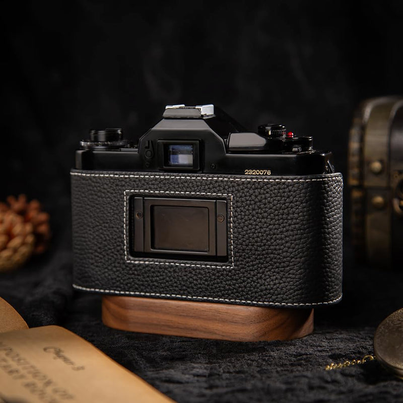 A1 Case New AE-1 case Handmade Genuine Leather Camera Protective Half Camera case, for Canon A-1 New AE-1 (Black-white line) Black-white line