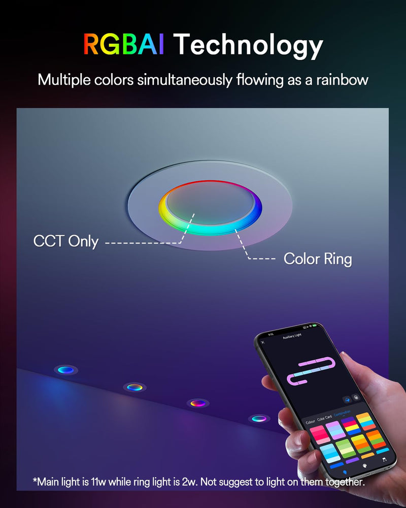 Lumary Smart Retrofit LED Recessed Lighting 5/6 Inch w/RGB Ring, ETL RGBAI Retrofit Can Light CCT Dimmable, Wi-Fi Bluetooth Connect, 66 Scenes Mode, Work with Alexa Google, CRI 90 1000Lm, 1 Pack 1Pack