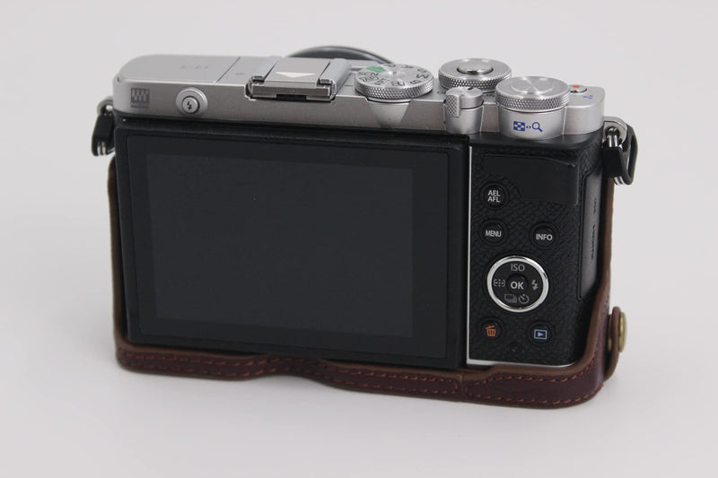 E-P7 Case, BolinUS Handmade Genuine Real Leather Half Camera Case Bag Cover for Olympus Pen E-P7 EP7 Bottom Opening Version + Hand Strap (Coffee) Coffee