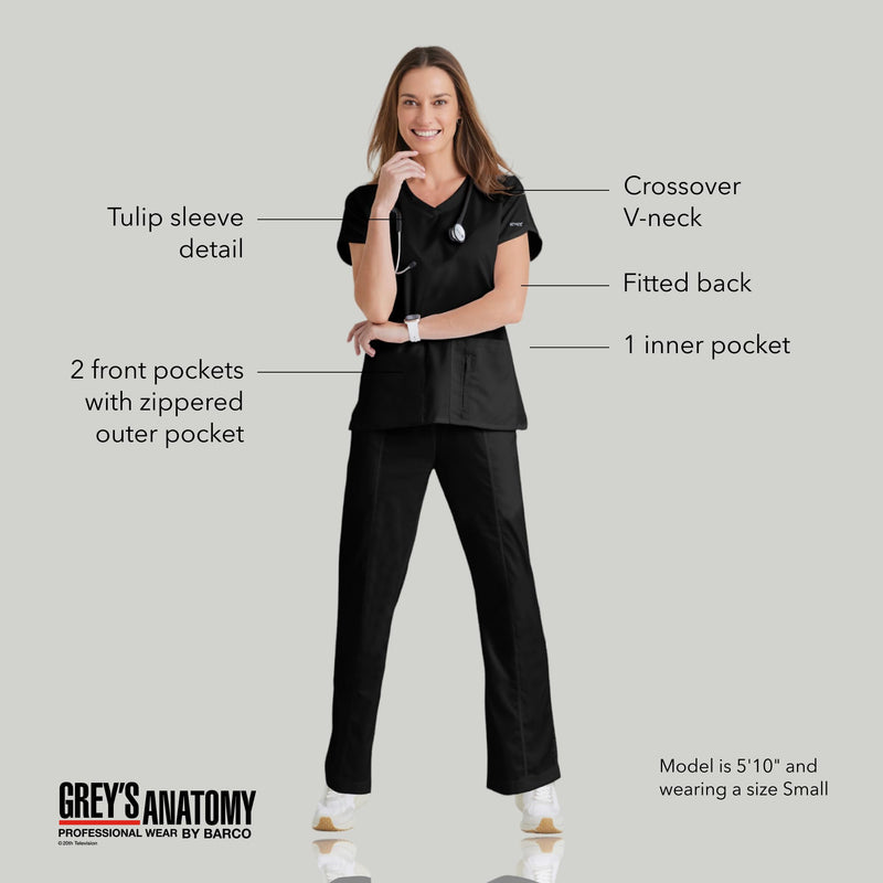 BARCO Grey's Anatomy Scrubs - Cora Scrub Top for Women, Crossover V-Neck, Fitted Back Super-Soft Women's Scrub Top Medium Black