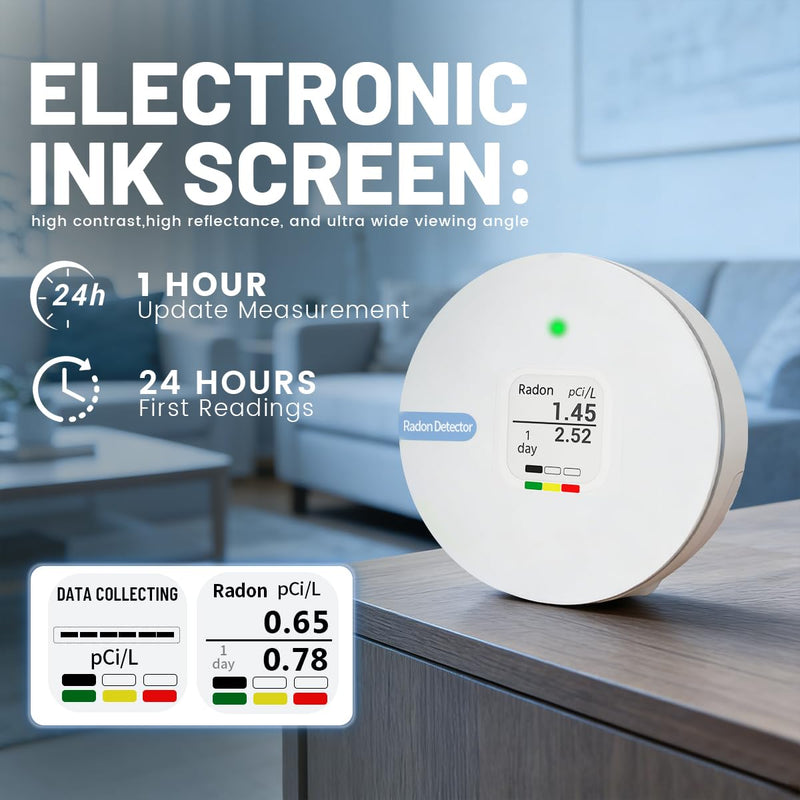 Radon Detector, E-Ink Screen, Alpha Spectrometer Sensor, 2-Year Battery Life, Wall Mounted & Free Standing, PCi/L & Bq/m³ Units Switchable, Hello Radon C, for Home, Office, Workplace