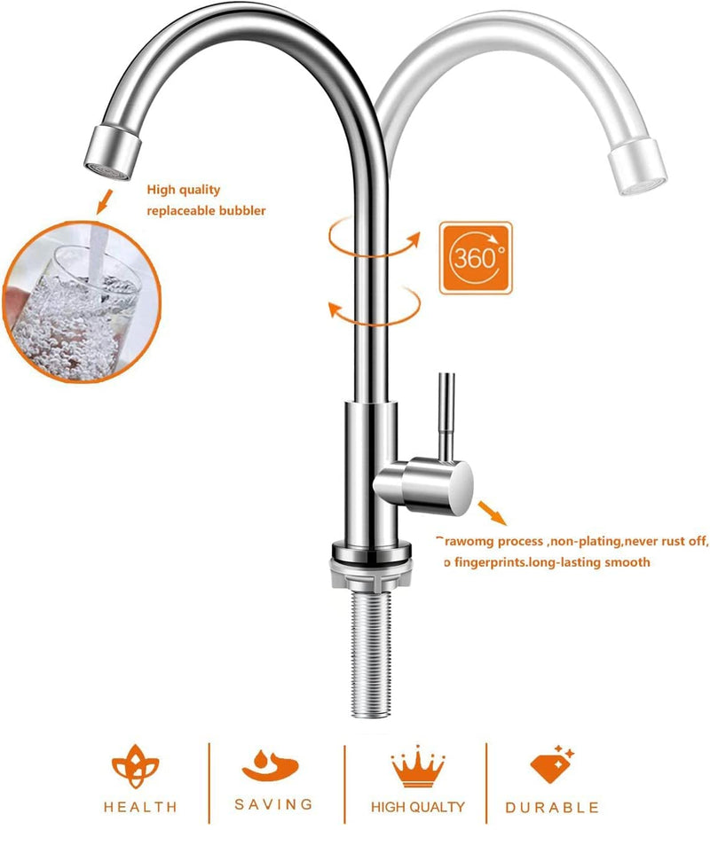 Brushed Nickel Cold Water Faucet Only,Single Handle Single Hole SUS304 Stainless Steel Cold Water Faucet for Kitchen.Outdoor(Stainless Steel nut, Longer Threaded Rod) Upgraded