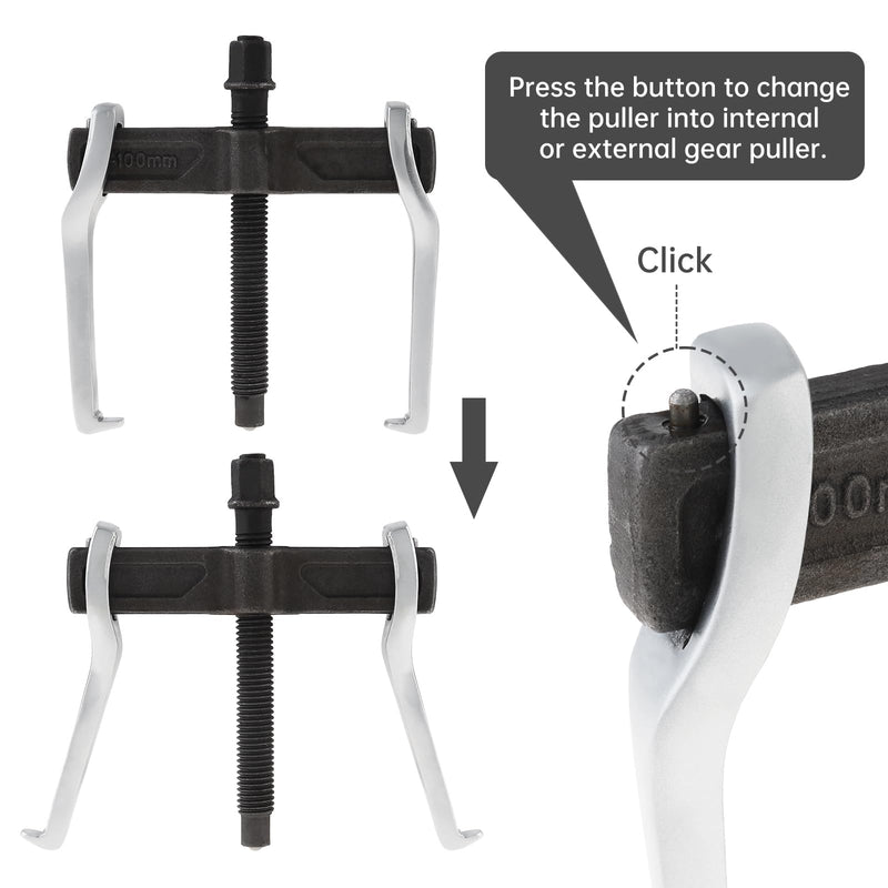 4 Inch CR-V 2-Jaw Gear Puller, Adjustable Bearing Puller Gears, Reversible Removal Tool for External Internal Pulling, Single Hook Two Claws Puller Tool Separate Lifting Device