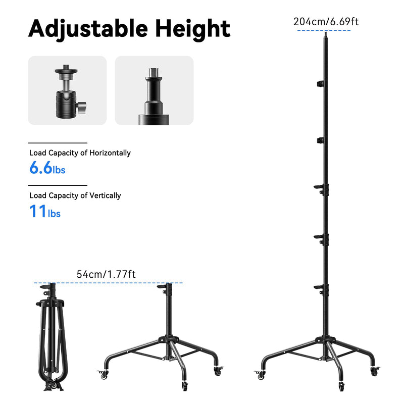 Takerers for Rolling iPad Stand Floor with Casters, Tablet Floor Stand Tripod for Ring Light/iPad/Phones/Mic/DSLR Camera, 1/4'' 3/8'' 5/8'' Screw, Ball Head, 3-Section Detachable Articulating Arm