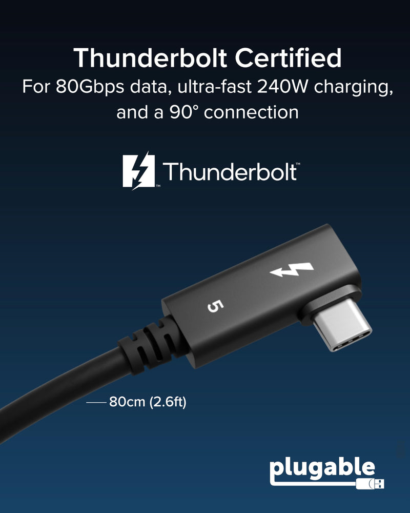 Plugable Thunderbolt 5 Cable Right Angle 80Gbps 240W Charging [Thunderbolt Certified] Up to 120Gbps Bandwidth Boost for Laptops & Docks Works with Thunderbolt 4/3 USB4 USB C, 2.6ft (80cm) TBT5-240W80R