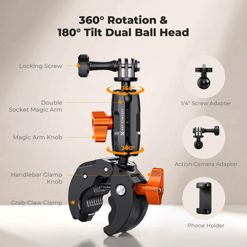 K&F CONCEPT Motorcycle Bike Clamp Mount 360° BallHead for Action Camera | Adjustable Handlebar Clamp Mount for Cycling/Motorcycle/Bicycle/Handbar/Round Tube(0.31-1.85"), MS66