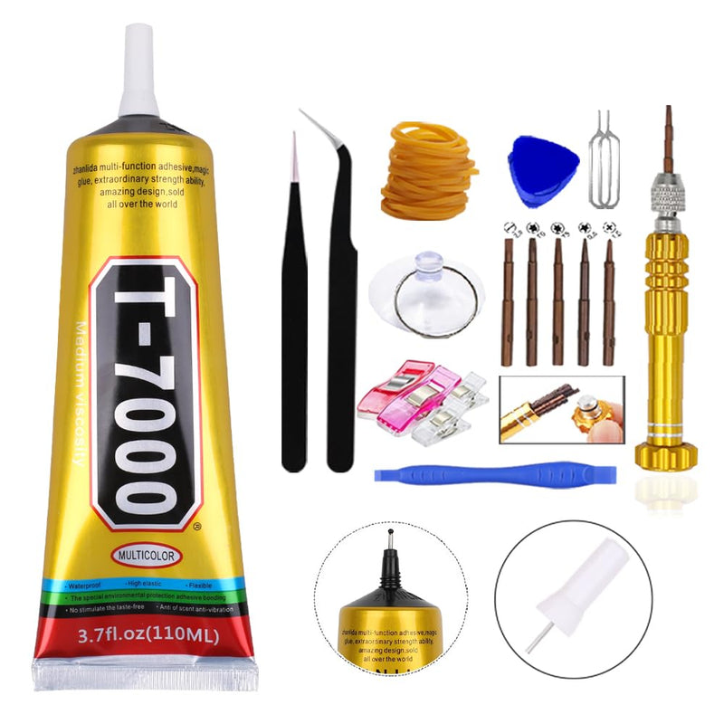 T7000 Black Glue for Cell Phones Mobile Repair Tools kit with Precision Tip, 4Pcs 15ml 50ml 110ml Waterproof Glue Speaker Earphone Electronics Computer Tablets LCD Screen Super Adhesive T-7000 Sealant 4Pcs Bulk T7000 Black Glue with repair tools kit
