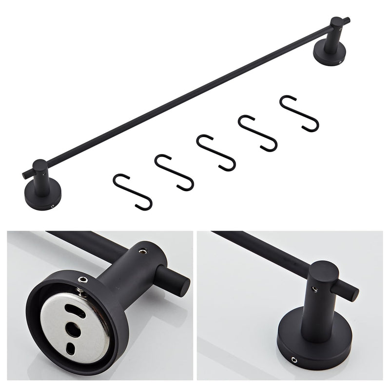 21.6 Inch Towel Bar with 5 S Shaped Hooks, Stainless Steel Towel Holder Black Towel Rack for Bathroom Washroom, Wall Mounted Kitchen Pot Pan Rack Utensil Holder Black With 5 Hooks
