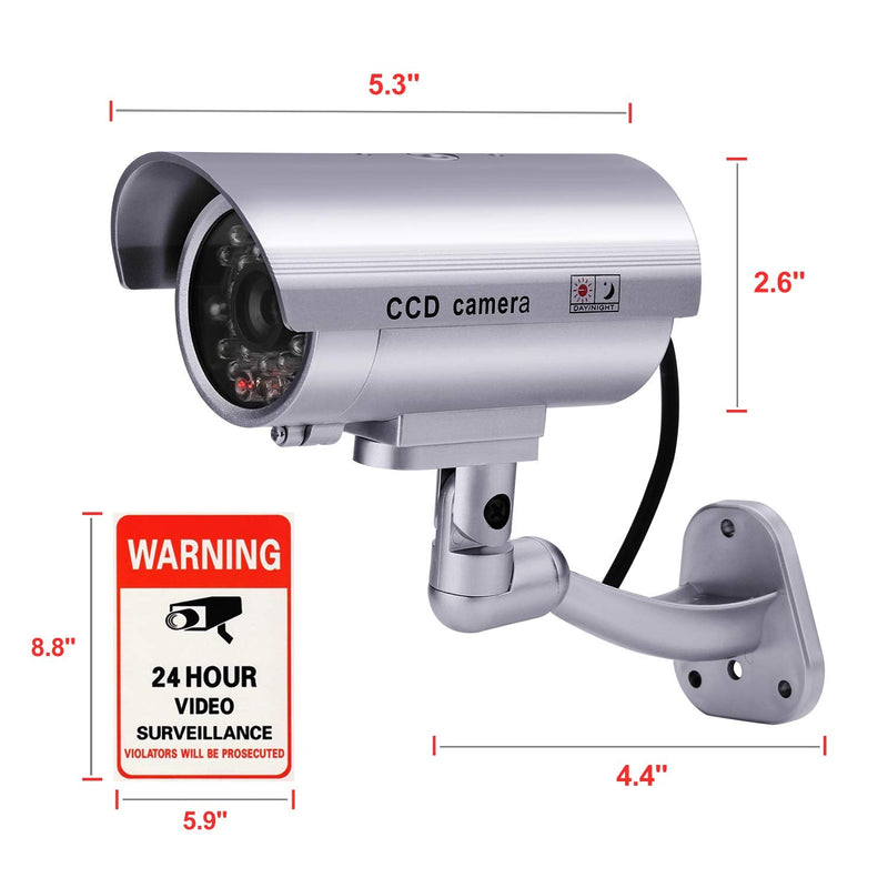 FITNATE Dummy Security Camera, 4 Packs Fake Surveillance Security CCTV Camera System with LED Red Flashing Light for Both Indoor & Outdoor Use + Security Camera Warning Stickers × 4 (Silver)