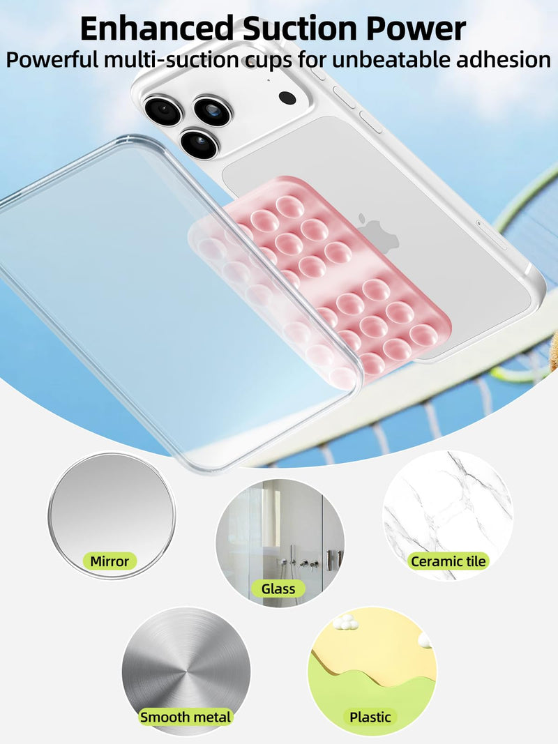 Double Sided Silicone Suction Cup Phone Case Mount for Selfie & Video, Pink | Sticky Phone Grip Securely Stick Phone to Mirrors, Glass, Windows, Reusable Hands-Free Phone Suction Grip for iPhone, Android