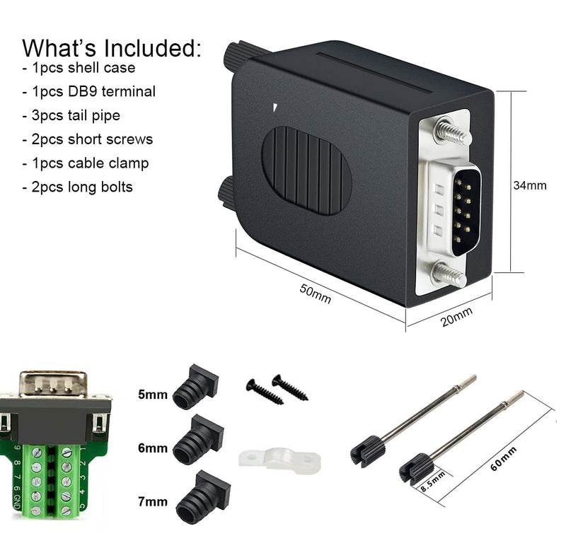 DTech DB9 Breakout Connector, Male RS232 Serial Adapter, Solderless Module Board with Screw Terminals, Case, Long Bolts, Tail Pipes DB9 male + long bolts