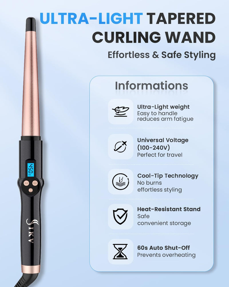  [AUSTRALIA] - Hair Curling Wand, 13-25mm Tapered Curling Wand Iron for Long Hair,Dual Voltage Hair Wand Curler with LCD Display|Glove Include