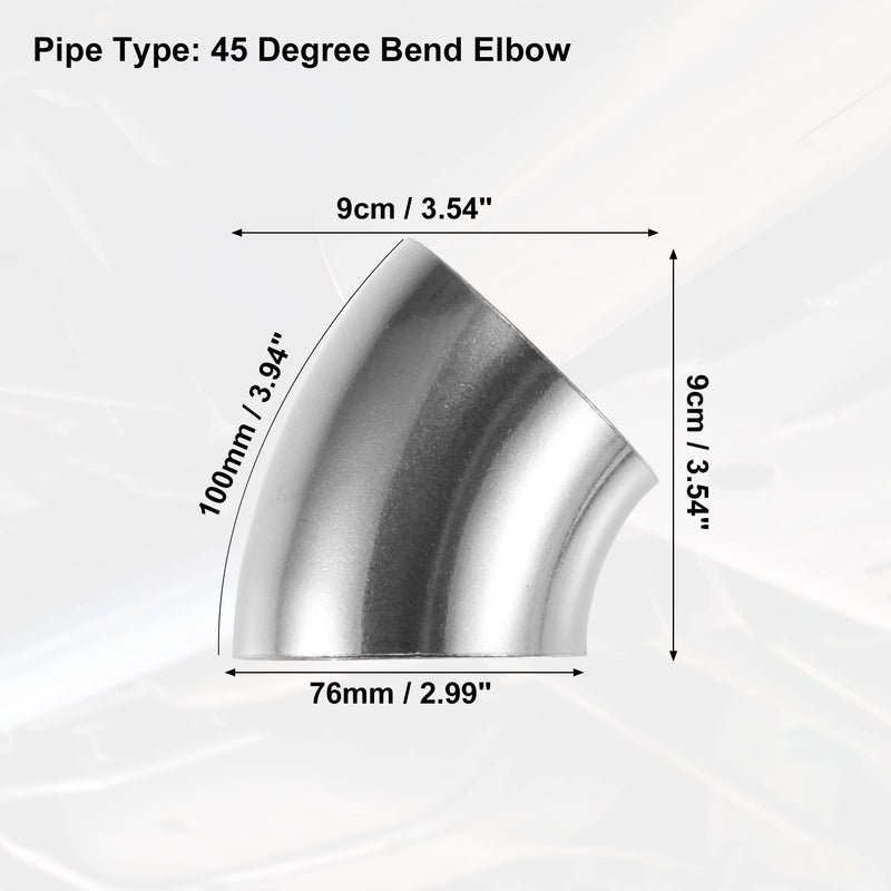 X AUTOHAUX 4 Pcs OD 3 Inch 45 Degree SS304 Stainless Steel Bend Tube Exhaust Elbow Pipe for Car Modified Exhaust System 3" Piping Silver Tone 3"