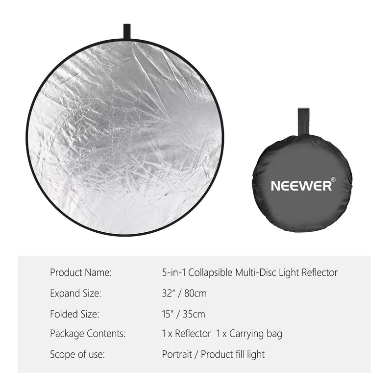 NEEWER 32 Inch/80 Centimeter Light Reflector Light Diffuser 5 in 1 Collapsible Multi Disc with Bag - Translucent, Silver, Gold, White, and Black for Studio Photography Lighting and Outdoor Lighting 80cm