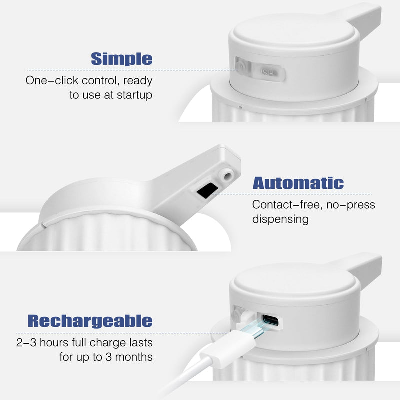 Automatic Soap Dispenser Liquid Touchless: 9oz Plastic White - Rechargeable Electric Smart 3-Level Adjustable Modern Auto Soap Dispenser - Bathroom Kitchen Hand Dish Lotion White Liquid