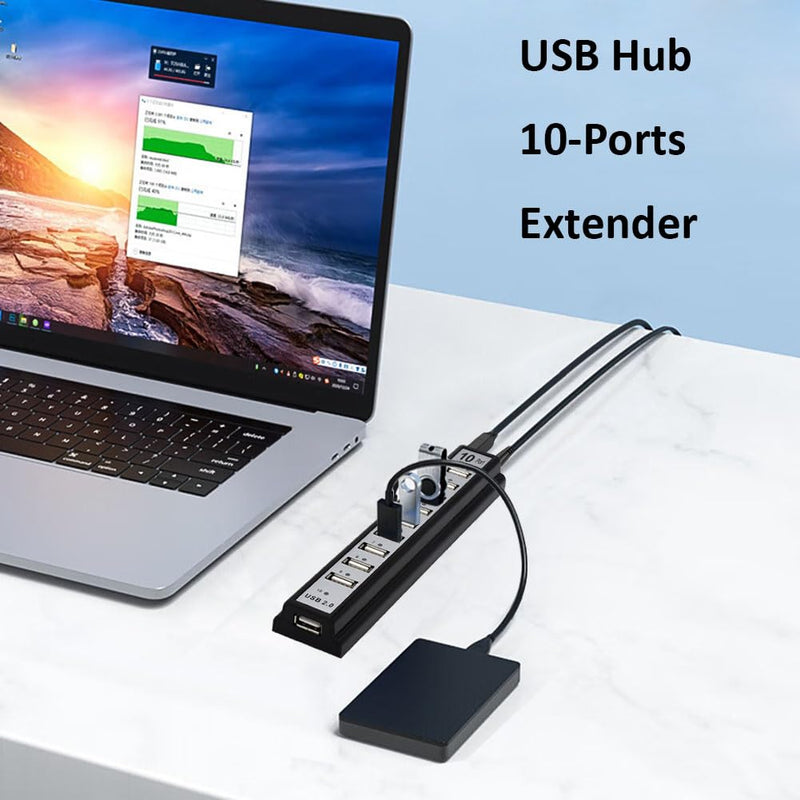 USB Hub 10-Ports, USB Hub Extender Network Splitter Adapter Fast Charging/Data Transfer with Powered, for MacBook, PC, Laptop, Mice, Keyboards USB Hub 10-Ports