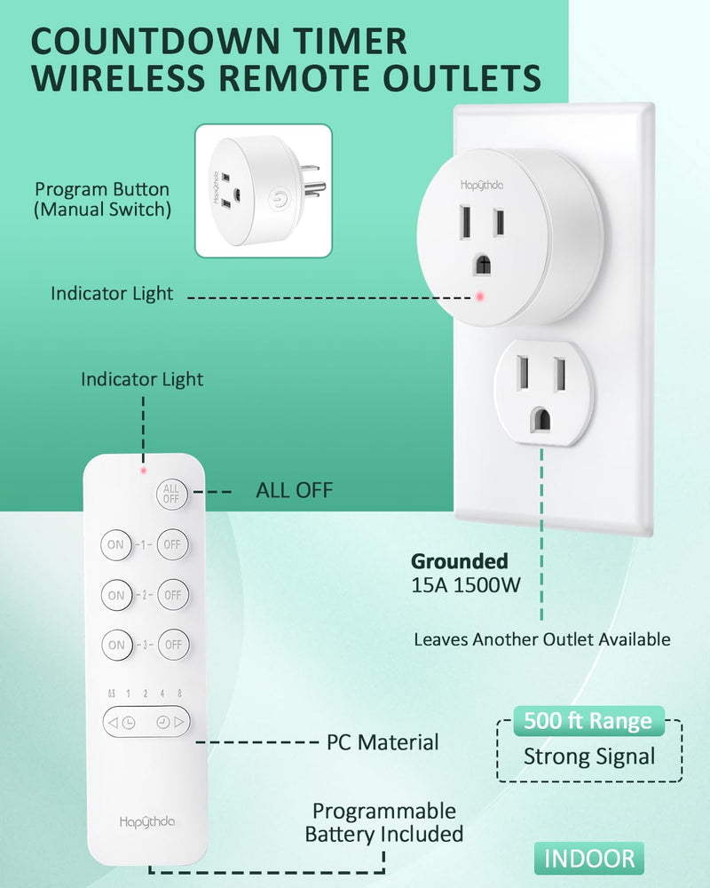 Remote Control Outlet Plug with Countdown Function, 15A/1500W, 500 Feet RF Range Wireless Light Switch, No Wiring Needed Remote Outlet for Small Electrical Appliance,3 Outlets & 1 Remote 3 Outlets & 1 Remote
