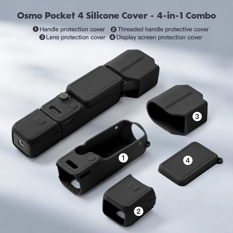 Silicone Protective Case for DJI Osmo Pocket 4, 4-in-1 Modular Cover Set with Lens & Screen Tempered Glass, Soft Anti-Scratch Material, Includes Anti-Loss Wrist Strap – Accessories (Black) Black