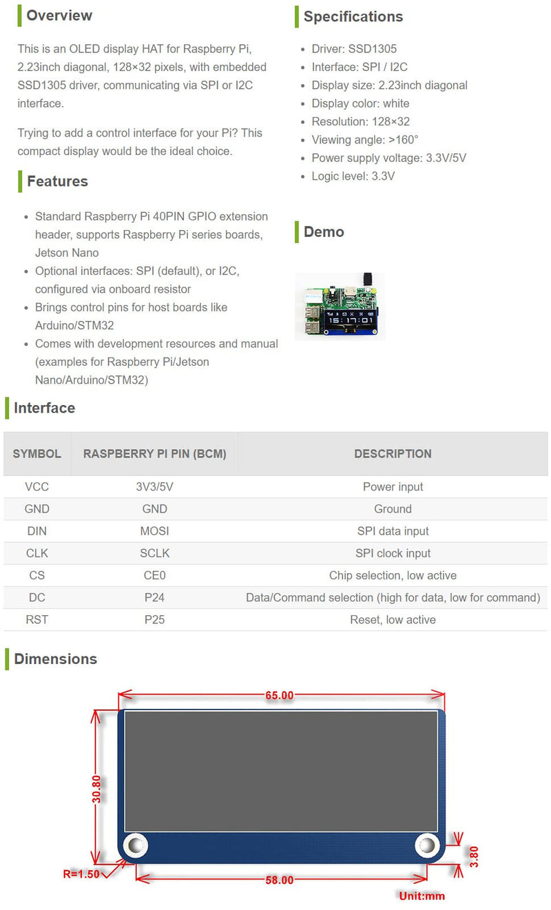 waveshare 2.23inch OLED Display HAT for Raspberry Pi 128×32 Pixels with Embedded 1305 Driver Communicating via SPI or I2C Interface. 2.23inch OLED HAT