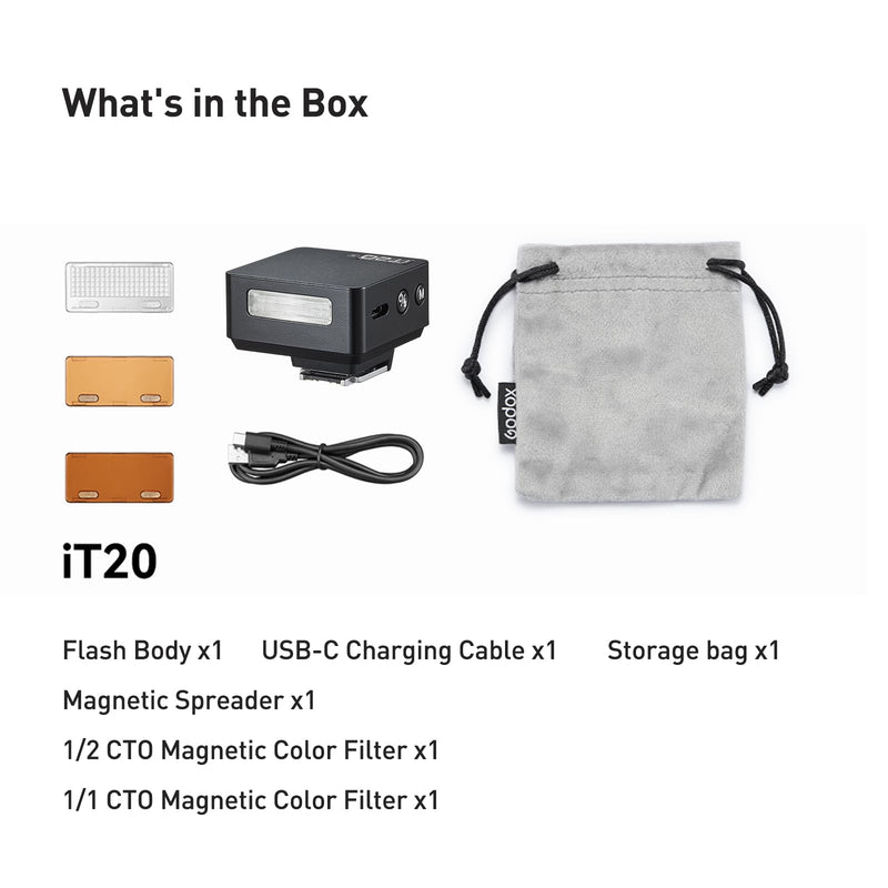 GODOX iT20 S TTL Flash for Sony ZV-1, ZV-1 II, ZV-E10, A7C, A6400, A6000 | 1.5s Recycle Time, 6 Levels Output (1/32-1/1), Magnetic Diffuser & Filters, Built-in Lithium Battery, 700 Full Power Flashes