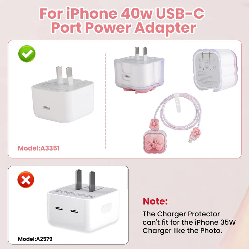 LONGFITE Charger Case Cover Compatible with iPhone 40W USB-C Adapter, Cute Pink Bowknot Charger Cable Protector Accessories Set for iPhone 17/16/15 Pro/Max,MacBook Air 13/13.6/15