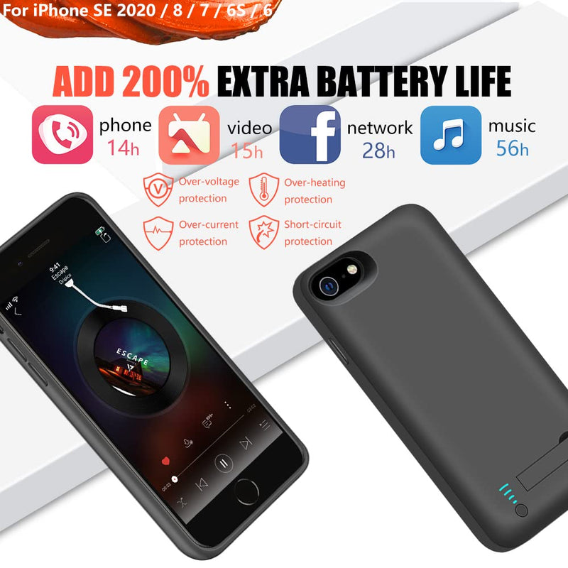 Battery Case for iPhone SE 2020/8 / 7 / 6S / 6, 5000mAh Rechargeable Extended Battery Charging Charger Case, Adds 2X Extra Juice (4.7 Inches) Black