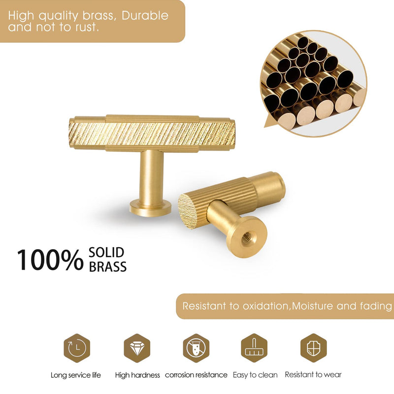 SALISENG - 6 Pack Brushed Gold Drawer Knobs, Solid Brass Dresser Kitchen Bathroom Cabinet Pulls, 2.08 Inch T Bar Handles Furniture Hardware for Cupboard Closet