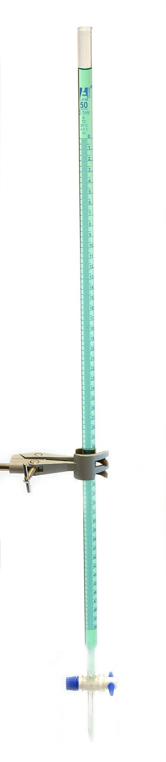 EISCO Burette, 50mL - Class B - with PTFE Stopcock - Blue Graduations - Borosilicate Glass