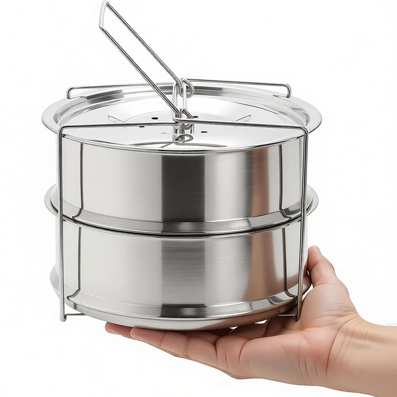 WUWEOT Stackable Steamer Insert Pans, 7.8 Inches Stainless Steel Pot-in-Pot Baking Pan, 2 Tier Pressure Cooker Accessories with Sling Handle and Silicone Gloves for Instant Pot