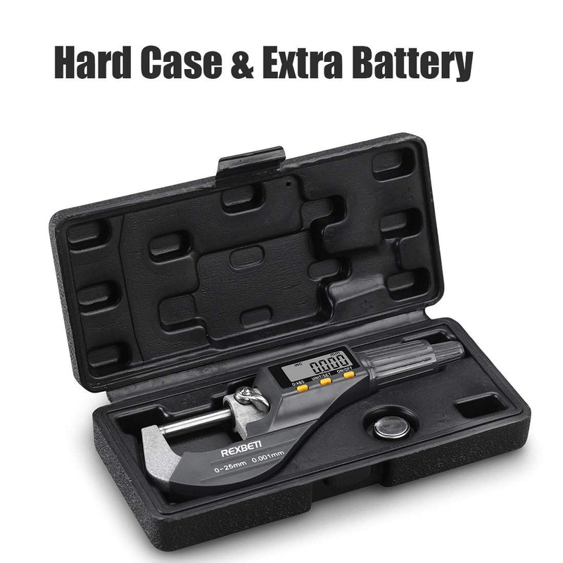 REXBETI Digital Micrometer, Professional Inch/Metric Measuring Tools 0.00005"/0.001 mm Resolution Thickness Gauge, Protective Case with Extra Battery 0-1" Digital Micrometer