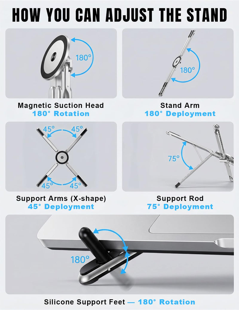 4-in-1 Foldable Laptop Stand & Magnetic Phone Holder, Silver Aerospace Aluminum Portable Desk Mount with N52 MagSafe Compatible Tripod Handle for MacBook Pro, iPad, Travel & Vlogging